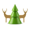 Green glossy spruce with golden wild forest deer Christmas toy composition realistic 3d icon vector