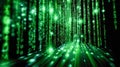 Green glowing binary code raining down on a dark background, symbolizing cyberspace and programming Royalty Free Stock Photo