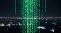 Green glowing binary code streams falling over dark, blurred cityscape night, for massive data transmission, digital Royalty Free Stock Photo