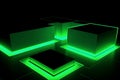 Green glowing cubes on a black background. 3d rendering, 3d illustration.
