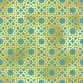 Green and gold Arabic style seamless pattern. Vector shiny golden gradient oriental ornament on green background Royalty Free Stock Photo
