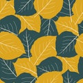 Green and gold aspen leaf seamless vector pattern background. Overlapping hand drawn leaves in fall colors. Textural Royalty Free Stock Photo