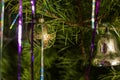 Green-gold ball, silver bell and tinsel hang Royalty Free Stock Photo