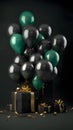 Green gold and black balloons, colorful streamers, black gifts with bows. New Year\'s party and celebra Royalty Free Stock Photo