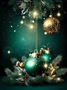 Green and gold Christmas balls on a blurred background. Royalty Free Stock Photo