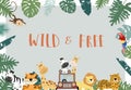 Green,gold collection of safari background set with lion,monkey,giraffe,zebra.vector illustration for birthday invitation,postcard Royalty Free Stock Photo