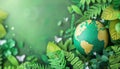 A green and gold globe is surrounded by leaves and flowers by AI generated image Royalty Free Stock Photo