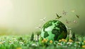 A green and gold globe is surrounded by leaves and flowers by AI generated image Royalty Free Stock Photo