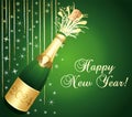 Green and gold Happy New Year 2024 Greeting card. Champaign bottle with cork explosion. Festive background. Vector illustration. Royalty Free Stock Photo