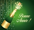 Green and gold Happy New Year 2024 Greeting card. French language. Champaign bottle. Festive background. Vector illustration.