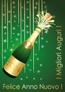 Green and gold Happy New Year 2024 Greeting card. Italian language. A4.Festive background. Vector.