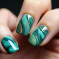 Green And Gold Marbled Nail Art: Naturalistic Ocean Waves