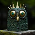 Green And Gold Owl Sculpture With Goblincore And Robotic Motifs