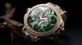 Chrysalis Elodea Gold Watch With Green Diamonds - Baroque Ornate And Dramatic Composition