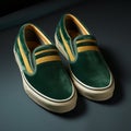 Green And Gold Slip On Sneakers With Suede Stripes