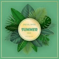 Sale banner. Green and gold tropical leaves on a light green background. Royalty Free Stock Photo