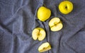 Green golden apples or Granny smith on grey kitchen towel, preparing food, dessert Royalty Free Stock Photo