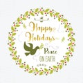 Green and golden Happy Holidays and Peace on Earth floral circle emblem