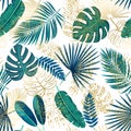 Green and golden tropical leaves seamless pattern on white background, vector illustration