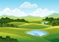 Green golf course. Countryside beautifle background. Hand drawn nature landscape with tree, green grass and lake Royalty Free Stock Photo