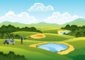 Green golf course with hole and red flags to indicate the goal. Countryside beautifle background. Hand drawn nature Royalty Free Stock Photo