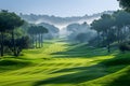 Misty Morning on a Green Golf Course Generative AI Royalty Free Stock Photo