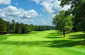 Green golf course under clear blue sky with scattered clouds. Rich grass, well-maintained tee area surrounded by trees with Royalty Free Stock Photo