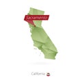 Green gradient low poly map of California with capital Sacramento