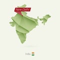 Green gradient low poly map of India with capital New Delhi