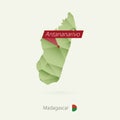 Green gradient low poly map of Madagascar with capital Antananarivo