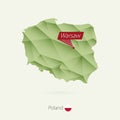 Green gradient low poly map of Poland with capital Warsaw