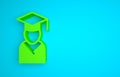Green Graduate and graduation cap icon isolated on blue background. Minimalism concept. 3D render illustration Royalty Free Stock Photo