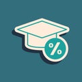 Green Graduation cap and coin icon isolated on green background. Education and money. Concept of scholarship cost or Royalty Free Stock Photo