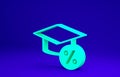 Green Graduation cap and coin icon isolated on blue background. Education and money. Concept of scholarship cost or loan Royalty Free Stock Photo