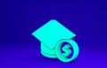 Green Graduation cap and coin icon isolated on blue background. Education and money. Concept of scholarship cost or loan Royalty Free Stock Photo