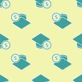 Green Graduation cap and coin icon isolated seamless pattern on yellow background. Education and money. Concept of Royalty Free Stock Photo