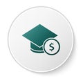 Green Graduation cap and coin icon isolated on white background. Education and money. Concept of scholarship cost or Royalty Free Stock Photo