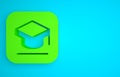 Green Graduation cap icon isolated on blue background. Graduation hat with tassel icon. Minimalism concept. 3D render Royalty Free Stock Photo