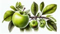 Green granny smith apples hang on branch with green leaves isolated on white background. Royalty Free Stock Photo