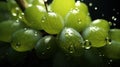 Green grape background with water drops. Healthy fruits. Generative AI. Illustration for cover, card, postcard, interior design,