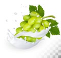 Green grape in a milk splash on a transparent background.