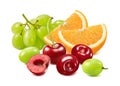 Green grape, sliced orange and sweet red cherry isolated on white background Royalty Free Stock Photo