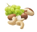 Green grapes, cashew, almond, hazelnut and brazil nuts isolated on white background. For square layouts