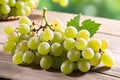 Green grapes on wooden table, green grapes with sunlight, sweet green grapes on wood background