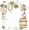 Green grapes wreath clipart, harvest and wine bottle. Watercolor hand painted grapes and wooden barel frame. Italian vinery