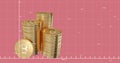 Green graph moving over stack of bitcoins against pink background. Royalty Free Stock Photo