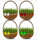 Green grass in a beautiful green basket with a bow.