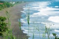 Green grass with the blurry background of the Pacific ocean black volcanic lava beach in Jaco, Costa Rica.