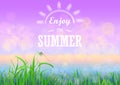 Green grass with bokeh sunset sky. Enjoy summer holidays text on the Floral nature summer spring background. Royalty Free Stock Photo