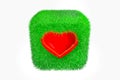 Green grass cube with red heart isolated on a white background Royalty Free Stock Photo